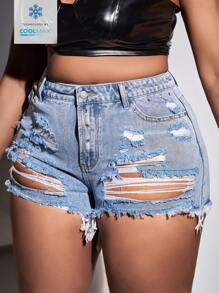 SHEIN SXY Plus Size Women Pockets Distressed Raw Edge Casual Versatile Denim Shorts - Light Wash - View 1