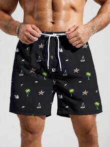 Manfinity KASUA Men's Palm Tree Print Drawstring Waist Casual Beach Shorts Man Swim Trunks - Black - View 4