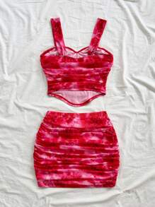 Soleia 度假女士扎染花卉印花甜心领无袖背心和松紧腰迷你裙套装 2 件套 - 彩色 - 查看 4