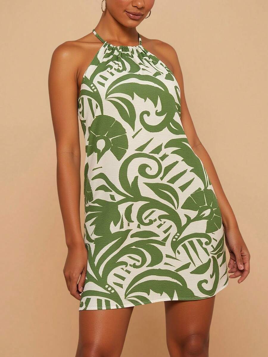 Travachic 时尚热带植物印花吊带短裙,适合夏季,女士夏季服装,女士度假服装,沙滩装,复活节,女士沙滩装,女士夏季连衣裙 - 綠色 - 查看 1