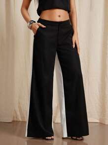 Vixey 拼色双色阔腿裤，商务休闲女装，女士办公室服装 - 黑與白 - 查看 5