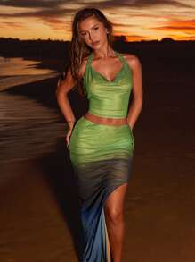 SHEIN BAE Conjunto de verano para mujer, atuendo de playa, festival, boda, brunch, graduación con estampado de degradado verde, top de cuello swing. Ropa de verano para mujer, ropa de carnaval, verano europeo - Verde - Ver 8