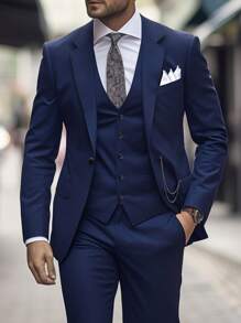 Manfinity Mode Conjunto de traje formal de negocios para hombres con blazer de manga larga con cuello de solapa y pantalones