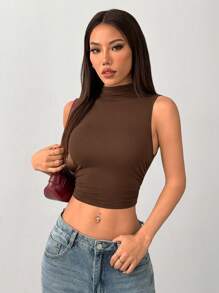 SHEIN PETITE Solid Crop Mock Neck Ruched Tank Top Brown - Coffee Brown - View 5