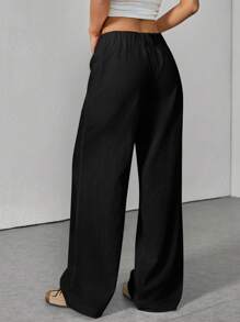 SHEIN PETITE Quần ống rộng lưng thấp màu trơn đơn giản - màu đen - Xem 2