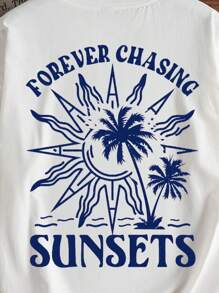 Manfinity Joysei Fashionable Casual Vacation Style Coconut Tree & Letter Graphic Print Slim Fit Crew Neck Short Sleeve T-Shirt For Men, Suitable For Summer Outdoor, Vacation, Date, Party, Couple Family Matching, Great Gift For Boyfriend