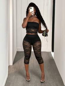 BamGleam Top ajustado de estilo corsé con parches de encaje floral para mujer