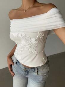 Aloruh White Jacquard Off-Shoulder Top, Solid Color Fashion Summer Blouse Off The Shoulder Top,Graduation,Back To School Outfits - White - View 1