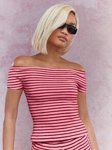 MISSGUIDED 露肩套装条纹罗纹两件套夏季海滩休闲修身上衣和骑行短裤套装家居服度假服弹力紧身 - 粉色 - 查看 3