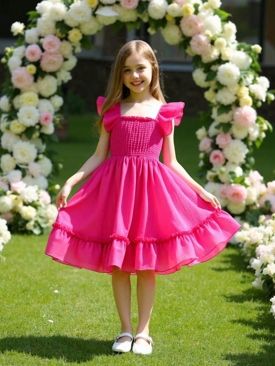 Tween Girl Sleeveless Solid Color Simple Fashion Casual Daily Dress - Hot Pink - View 1