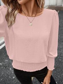 SHEIN LUNE Women's Casual Solid Color Roll Sleeve Blouse, Basic Autumn/Winter Clothing For Daily Wear,Casual - Pink - View 3
