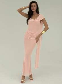 Aloruh Vestido feminino elegante cor sólida com decote assimétrico