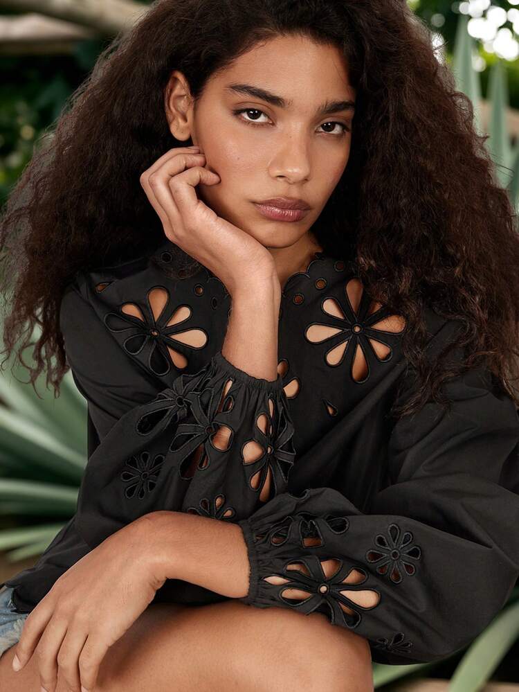 SHEIN Maija Women's Black Summer Clothing With Ruffle Collar, Floral Textured Cutout Pattern, Lantern Sleeves, Bohemian Beach Holiday Style, Solid Color Long Sleeve Casual Loose Fit Hawaiian Top, Summer