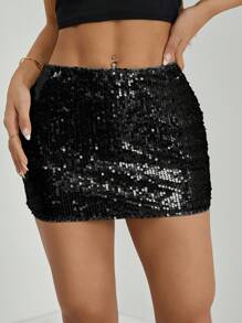 SHEIN PETITE Women's Black Sequin Mini Skirt: Sparkling Party Skirt For A Night Out - Black - View 4