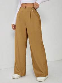 SHEIN PETITE Women's Casual Camel Woven Fabric Long Pants With Zipper Detail And Wide Leg Fit - Camel - View 3