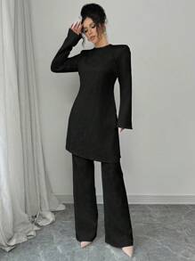 Elenzga 女士优雅通勤魅力女士喇叭长袖圆领收腰侧开叉长上衣和直腿纹理提花设计两件套（随机提花）