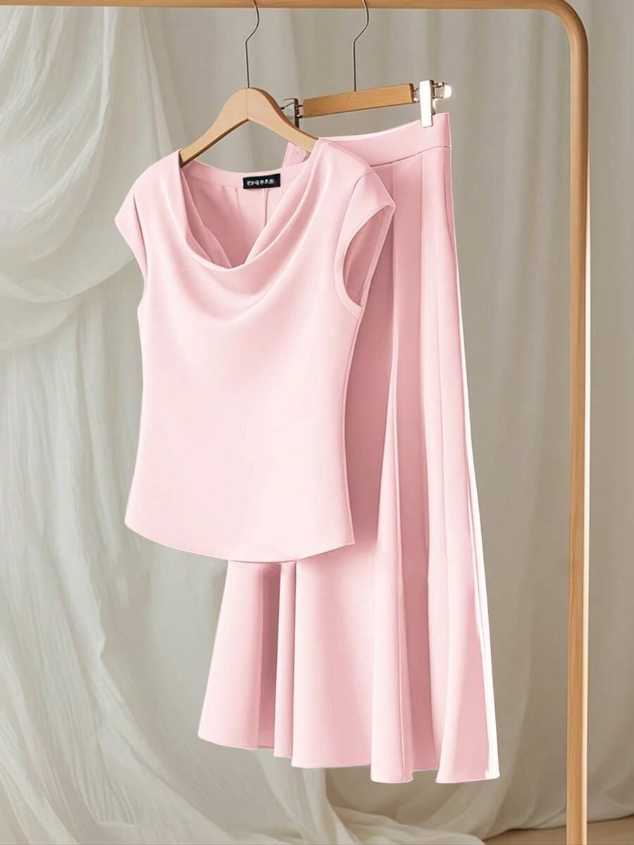 SHEIN Clasi 2 件套优雅优质纯色宽松领口盖袖上衣和裙子套装,适合春夏的时尚生活方式 - 粉色 - 查看 1