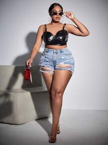 SHEIN SXY Plus Size Women Pockets Distressed Raw Edge Casual Versatile Denim Shorts - Light Wash - View 4