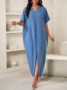 SHEIN Lady 牛仔V领蝙蝠袖短袖女式休闲夏季连衣裙 - 藍色 - 查看 5