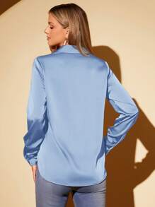 Amorya 女士优雅纯色醋酸纤维缎面门襟长袖衬衫