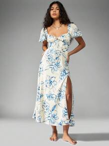 MISSGUIDED Hoa hầu gái Áo nịt ngực Midi Váy phồng tay áo Mùa hè Khách dự đám cưới xẻ tà Người yêu Đường viền cổ áo Sân vườn Bữa tiệc trà Mùa xuân - Xanh và trắng - Xem 1