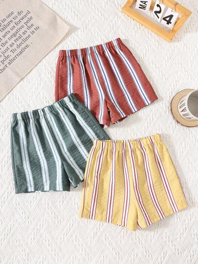 SHEIN 3 件套婴儿彩色条纹松紧腰短裤，休闲百搭，适合男孩/女孩