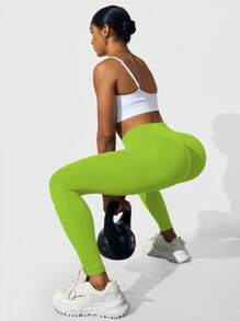 Slayform 女式高腰无缝修身紧身裤 - 弹性柔软触感速干透气四向拉伸紧身裤，适合跑步、骑行、瑜伽、泡菜球运动、休闲 - 青檸色 - 查看 2