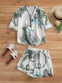 Breezaya Bộ 2 món áo sơ mi và quần short hở lưng in họa tiết nhiệt đới rộng rãi thoải mái dành cho nữ - Nhiều màu - Xem 1