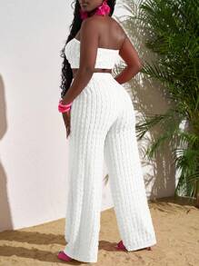 Slaydiva 夏季度假玫红色纹理短款上衣和宽松阔腿裤两件套女士 - 白色 - 查看 2