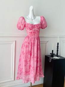 Comfortcana Abito elegante da donna a metà polpaccio con stampa floreale, estivo