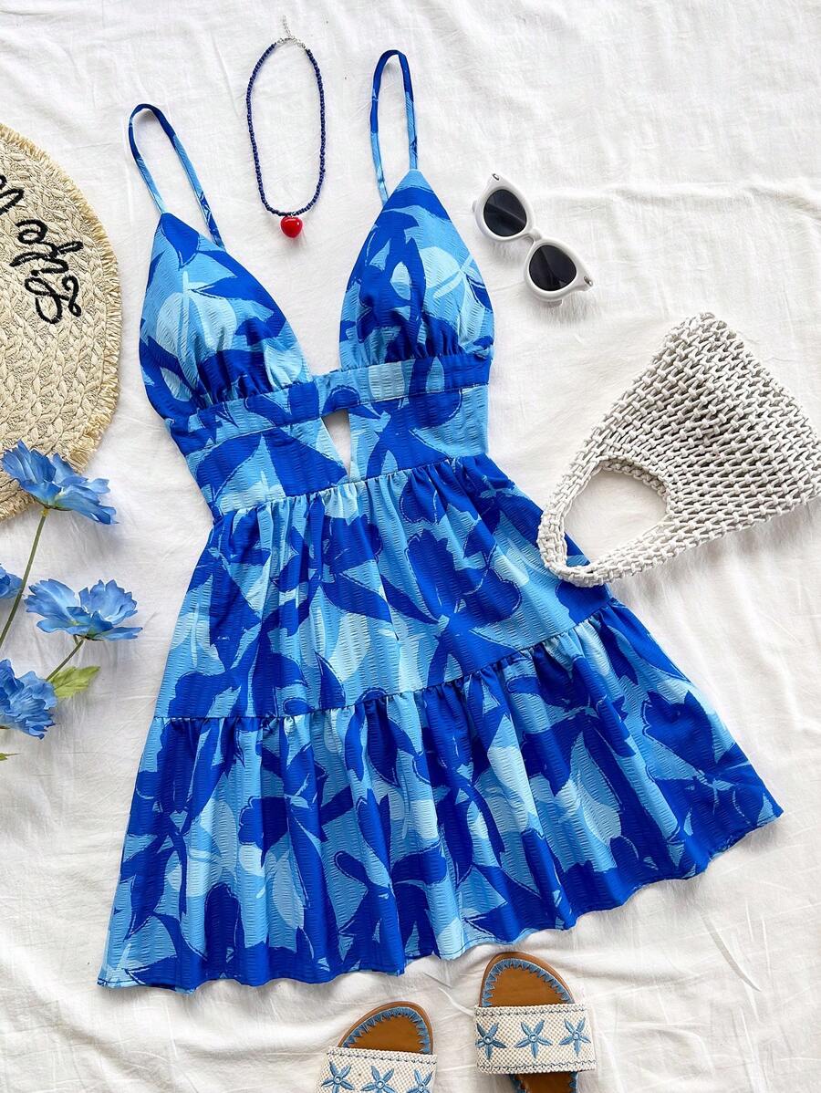 Soleia New Arrival Spring & Summer Casual Vacation Western Beach Wedding Guest Attire Graduation Brunch Women's Dress, St. Patrick's Day Spring Break Easter Music Festival, Elegant Boho Tropical Leaf Print Spaghetti Strap Backless Mini Dress,Summer Dresses For Women - Blue - View 1