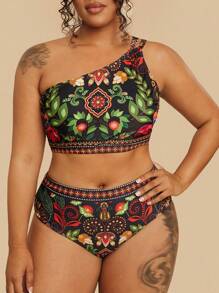 Travachic Maiô Bikini Estampado Tropical com Detalhe Recortado e Decote Halter, em 2 Peças, para Mulheres Plus Size, Casual para Férias na Praia