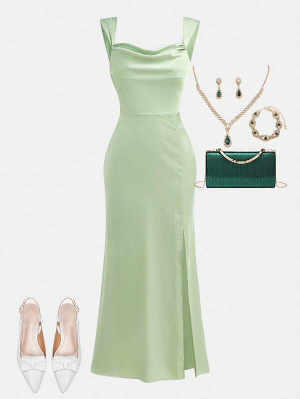 SHEIN Girlism Vestido elegante con cuello de volantes sin mangas y abertura para adolescentes, apto para boda/invitada a boda/pajecillo, color verde menta
