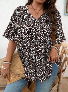 SHEIN LUNE Camicetta casual da donna con scollo a V, maniche arricciate, stampa floreale ditsy, adatta per le vacanze in taglie comode