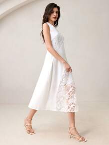 BizChic Nuovo arrivo Abito lungo senza maniche bianco per donna, elegante per lavoro, appuntamenti, pendolarismo, vacanze, stagione di matrimonio, con inserti in pizzo francese