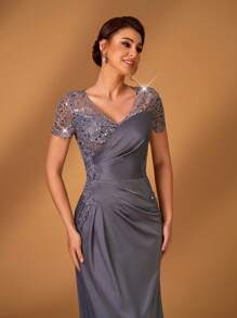 Serin Elegant Luxury Embroidery Lace Applique Splice Elastic Satin Ruffles Sheer Short Sleeve Fishtail A-Line Dress, Suitable For Wedding, Party, Vacation, Prom, Mother Of The Bride Formal Gown - Dark Grey - View 6