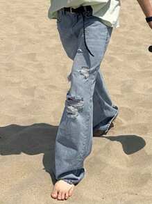 DAZY Spring/Summer Plain Blue Ripped Men's Denim Jeans - Blue - View 8