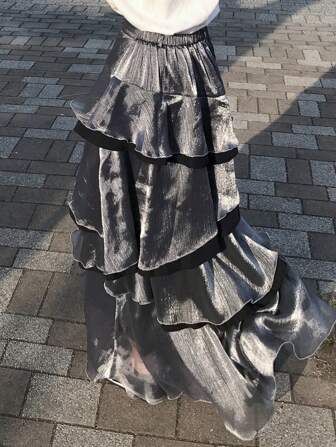 FRIFUL Women's Tiered Ruffle Hem Elastic Waist Satin Waves Hem Skirt