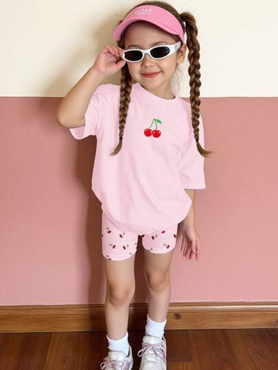 SHEIN Happikins 2pcs/Set Girls Casual Cherry Print Short Sleeve T-Shirt And Shorts Outfit, Summer Summer Outfits