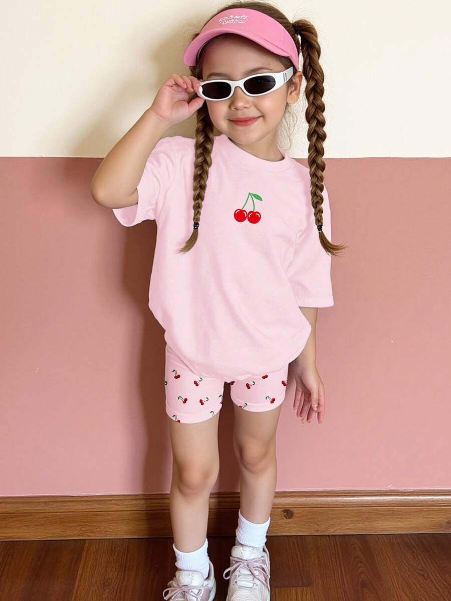 SHEIN 2pcs/Set Girls Casual Cherry Print Short Sleeve T-Shirt And Shorts Outfit, Summer Summer Outfits