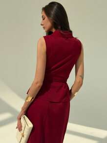 Aloruh 女士两件套优雅纯色裹身吊带背心和裙子，夏季通勤简约休闲优雅修身酒红色套装蕾丝优雅度假装女士前系带上衣