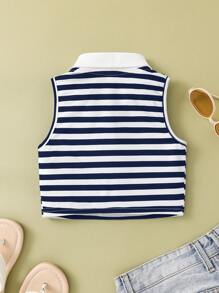 SHEIN Leap Crew 女童针织条纹 Polo 领修身休闲短款上衣 - 藍色 - 查看 2