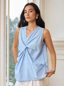 Dazy-Less Chemise sans manches pour femmes à col en V avec design torsadé, pour le travail et les occasions décontractées en été