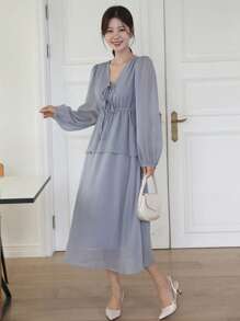 DAZY Vestido largo de unicolor con cintura ceñida y mangas de obispo, vestido largo elegante para mujeres, vestidos casuales de mujer de manga larga