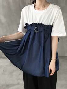 FRIFUL 1 Pc Women's Round Neck Fitted Denim Effect Patchwork T-Shirt School - Blue - View 1