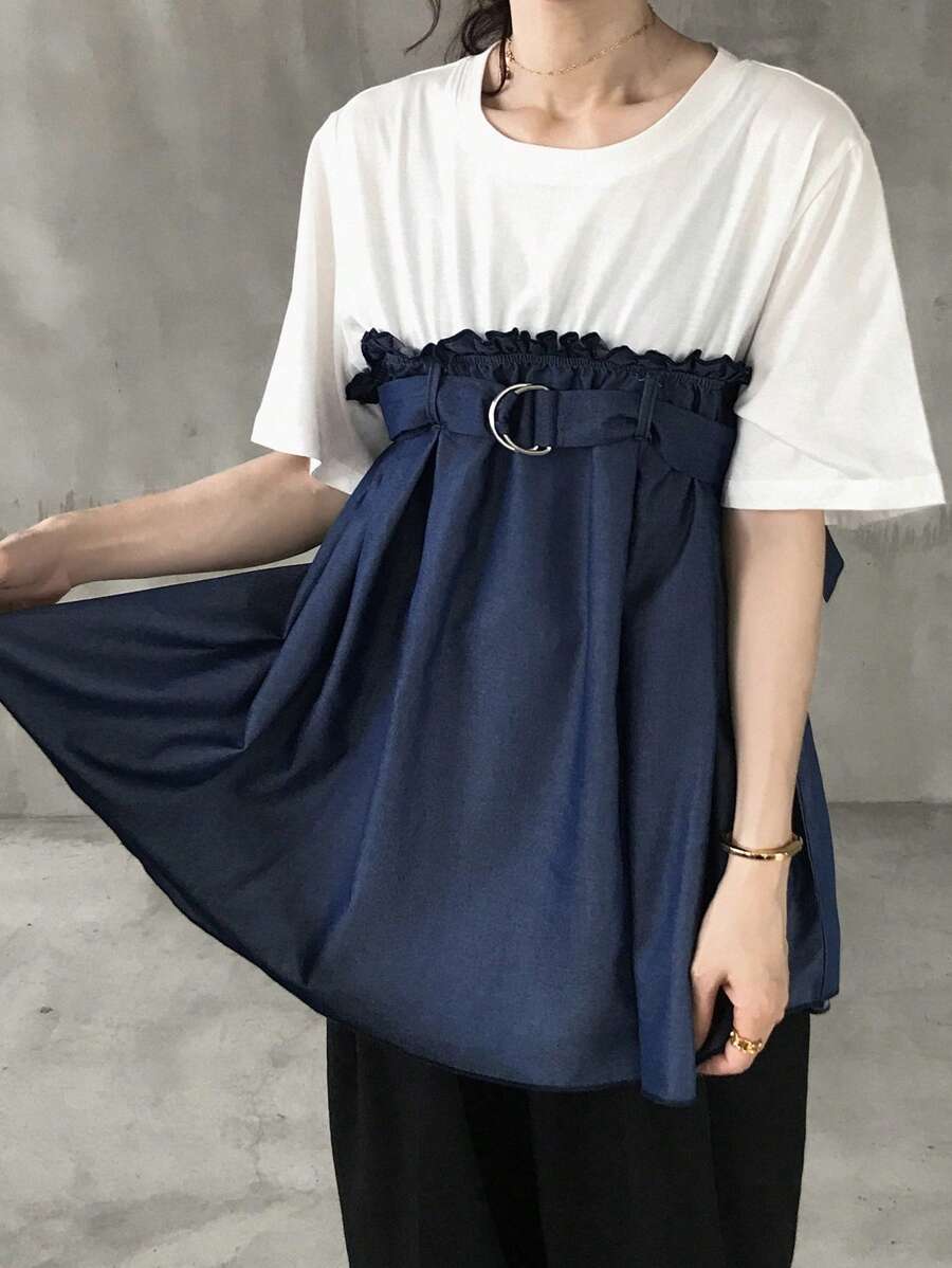 FRIFUL 1 Pc Women's Round Neck Fitted Denim Effect Patchwork T-Shirt School - Blue - View 1