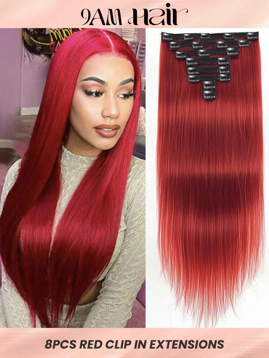 8Pcs Red Straight Clip In Virgin Human Hair Extensions Clip-In Hair Extensions Weft Hair Extension Hair Weaves 10-24inches 120G 100% Human Hair For Women HairPiece Halloween Costumes - SRed - View 1