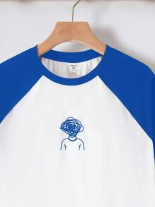 SHEIN Teen Boys Casual Short Sleeve T-Shirt, Sports Streetwear Punk Rock School Daily Outgoing Party Music Festival, Suitable For Spring & Summer, Black & White Patchwork Contrast Color Abstract Line Figure Print - Royal Blue - View 3