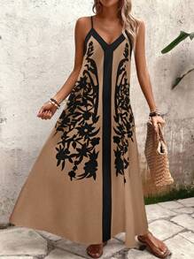 Breezaya 女士印花宽松无袖连衣裙，适合休闲度假和日常穿着 - 卡其色 - 查看 5