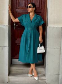 Calvaya Summer Fashion Elegant Cinched Waist Waist Business Office Dress With Lapel Women Dresses Elegant Gown Women Dresses Birthday Women Birthday Outfit Woman S Summer Clothes Work Summer Dresses - Green - View 7